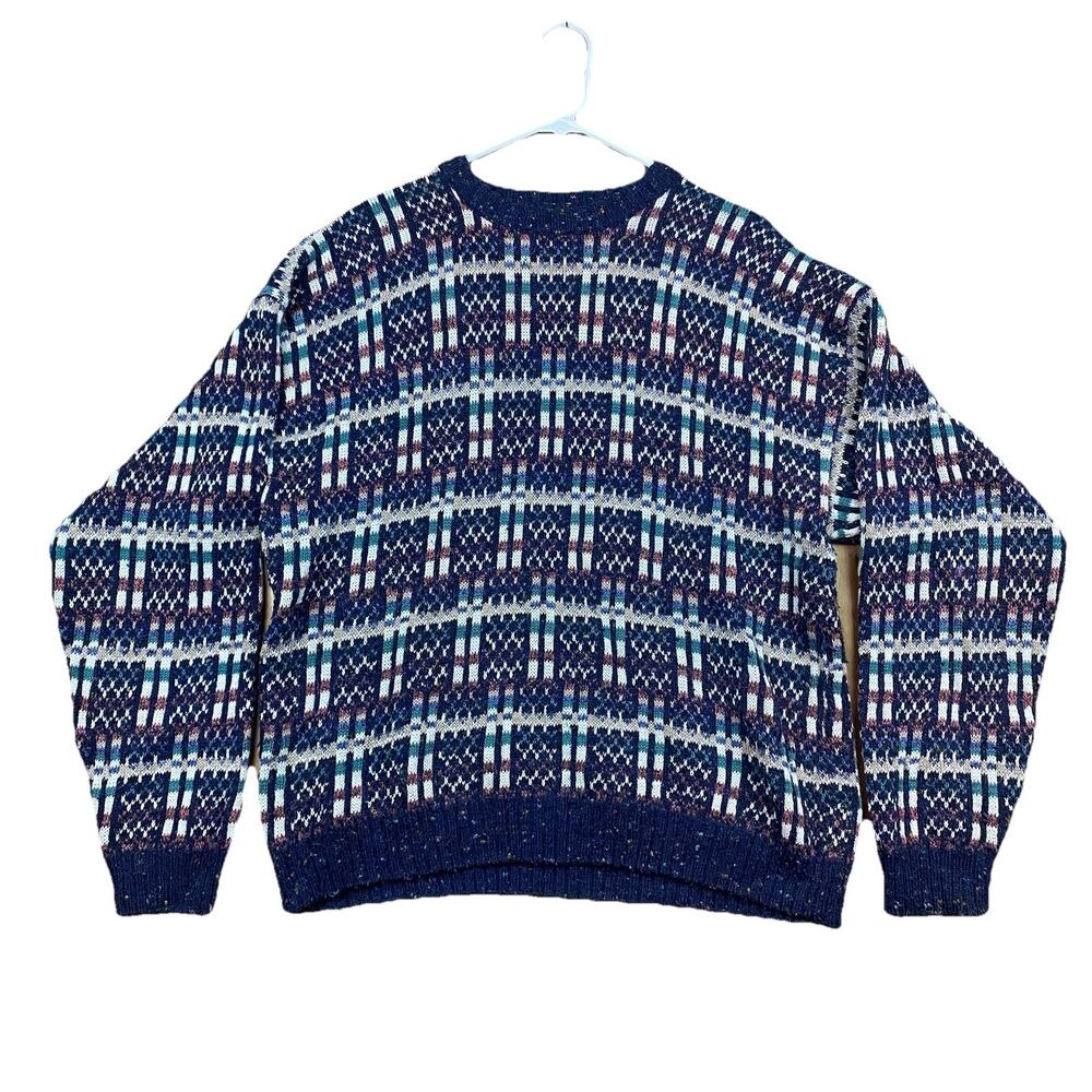 Vintage Mens Etchings Sweater L Multicolor Geometric Knit Crewneck 90s Pullover